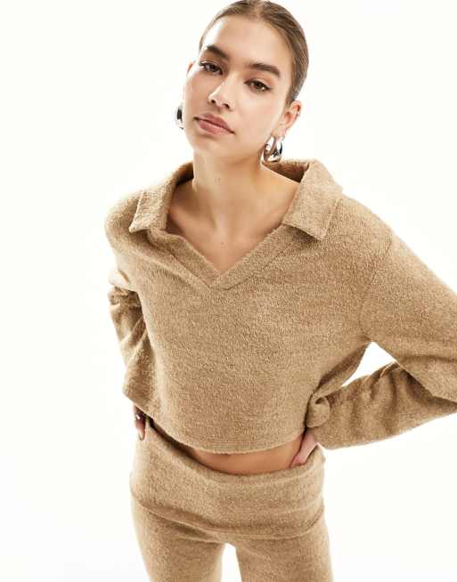 ASOS DESIGN - Bouclé henley top in ecru, deel van co-ord set
