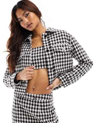 Asos Design Boucle Jacket In Mono Houndstooth - Part Of A Set-multi