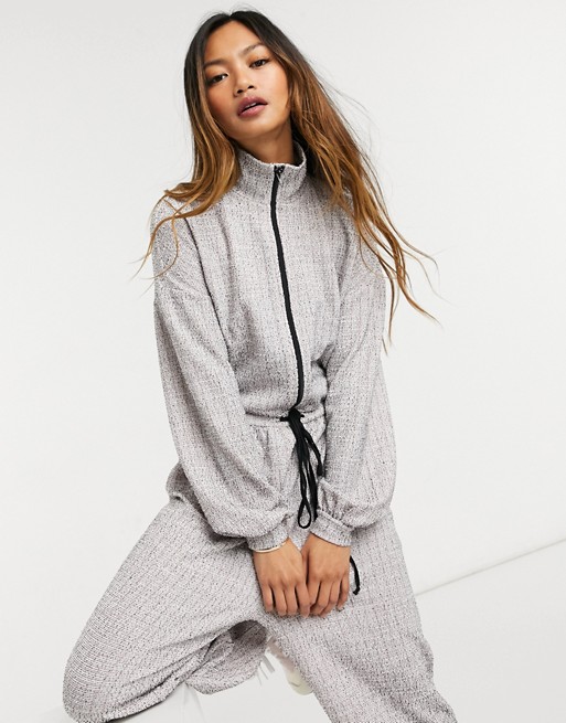 ASOS DESIGN boucle jumpsuit with zip front in grey check