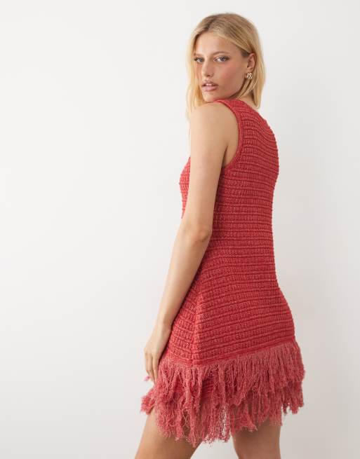 ASOS DESIGN boucle knit asymmetrical mini dress in red, 4 of 4