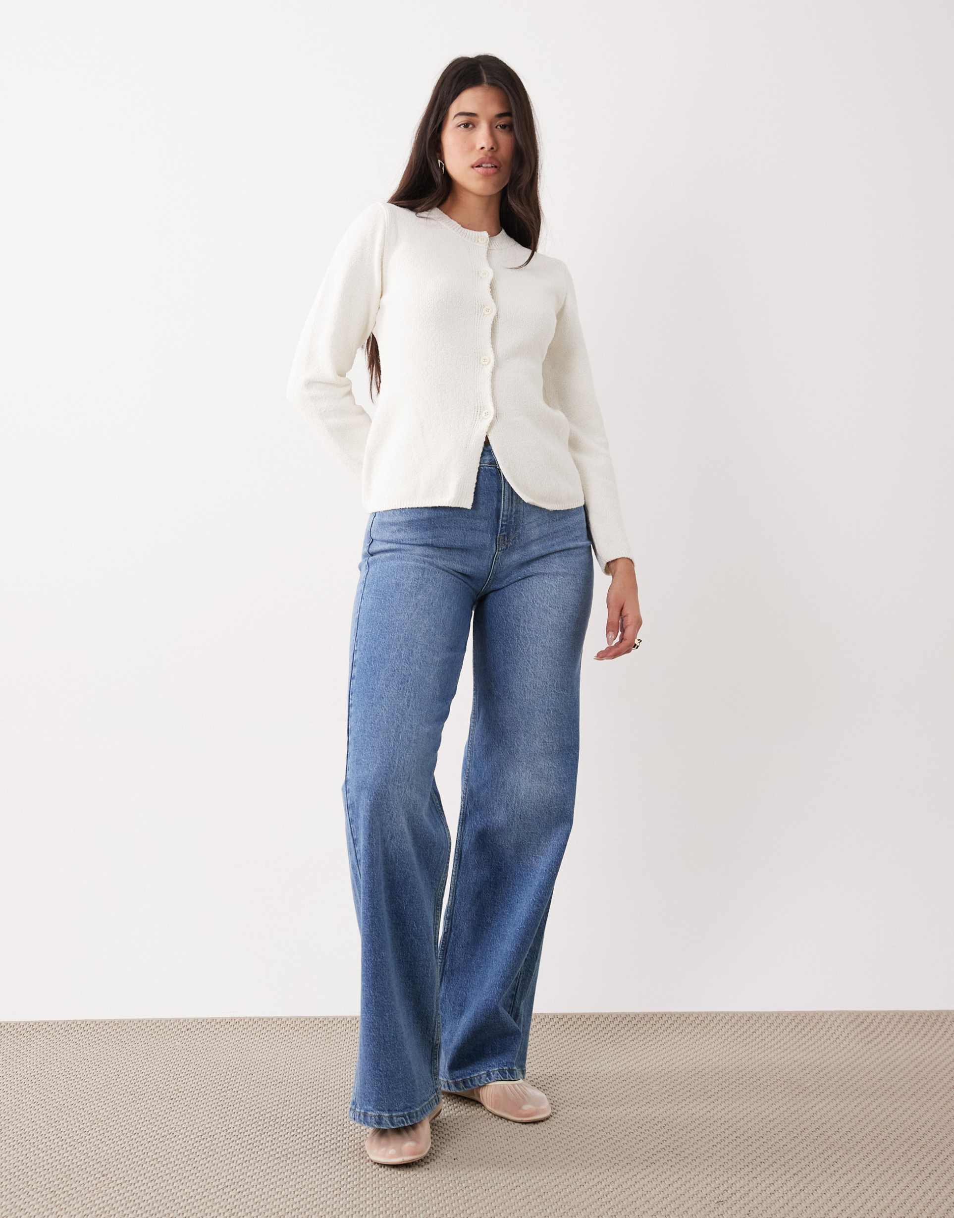 asos design bouclé knit cinched cardigan in ecru