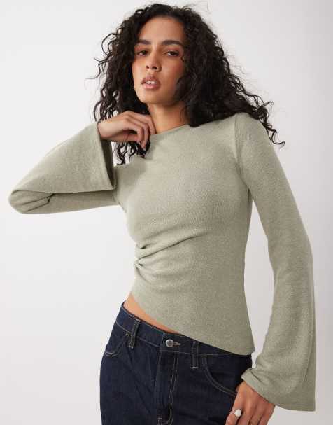 ASOS DESIGN boucle long sleeve with aysm top in khaki