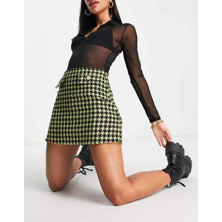 ASOS DESIGN boucle micro mini skirt in lime houndstooth print