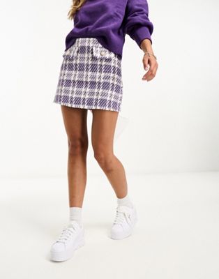 ASOS DESIGN boucle mini skirt with button detail in lilac check  - ASOS Price Checker
