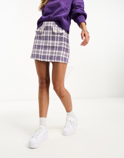 ASOS DESIGN boucle mini skirt with button detail in lilac plaid - view 1