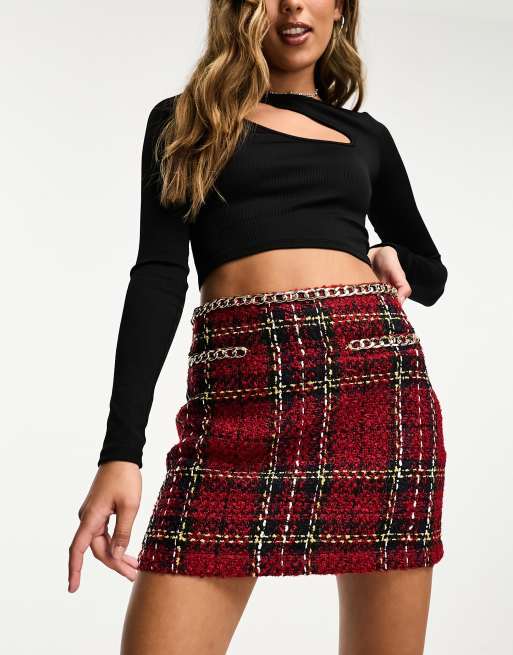 ASOS DESIGN boucle mini skirt with chain details in red check