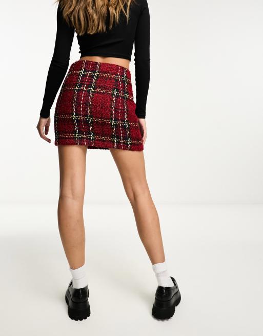 ASOS DESIGN boucle mini skirt with chain details in red check