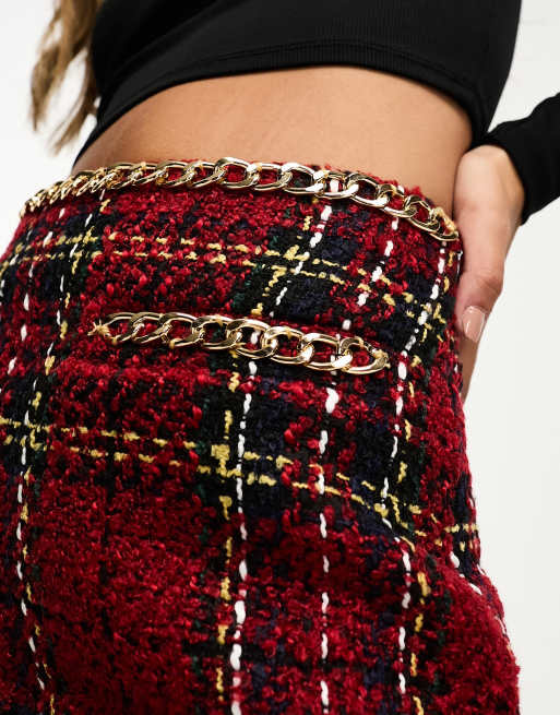 ASOS DESIGN boucle mini skirt with chain details in red check