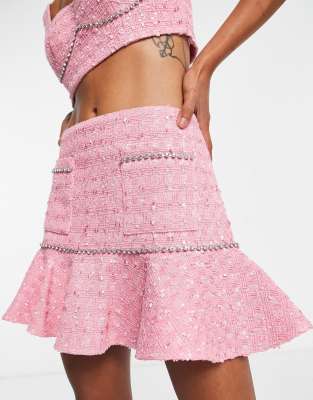 Pink Boucle Crystal Belt Mini Skirt