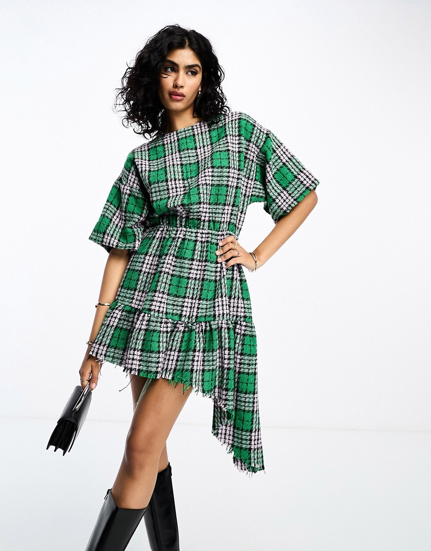 ASOS DESIGN boucle mini smock dress with frayed hem in green check-Multi