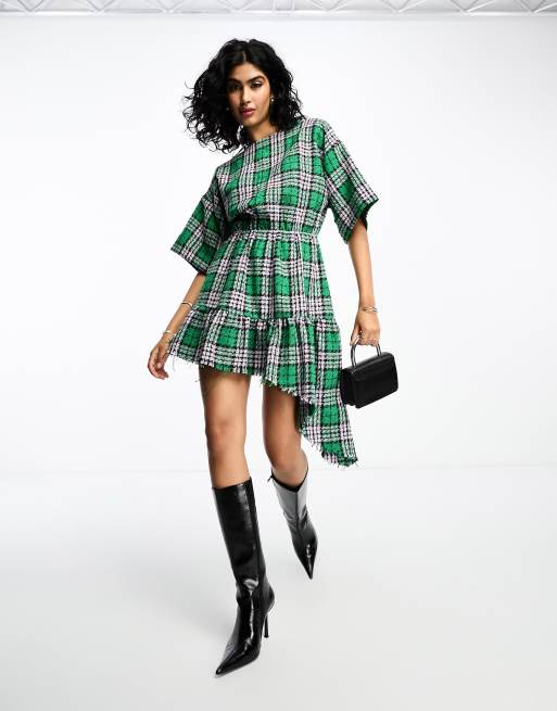 ASOS DESIGN Curve textured plaid mini shirt dress in sage