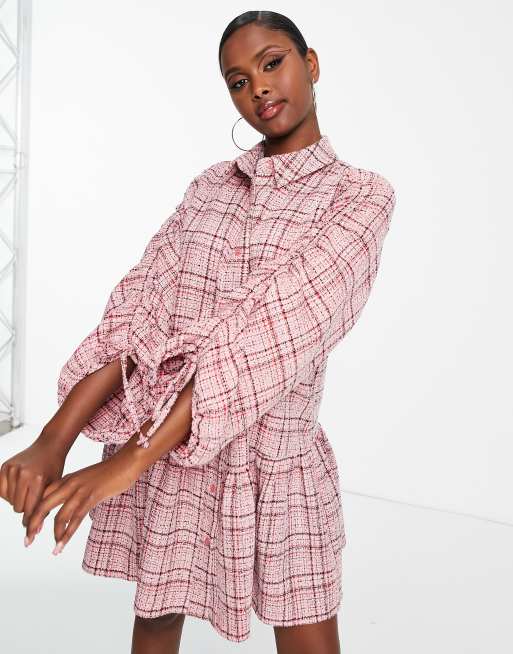 ASOS DESIGN boucle mini smock shirt dress with pephem in pink