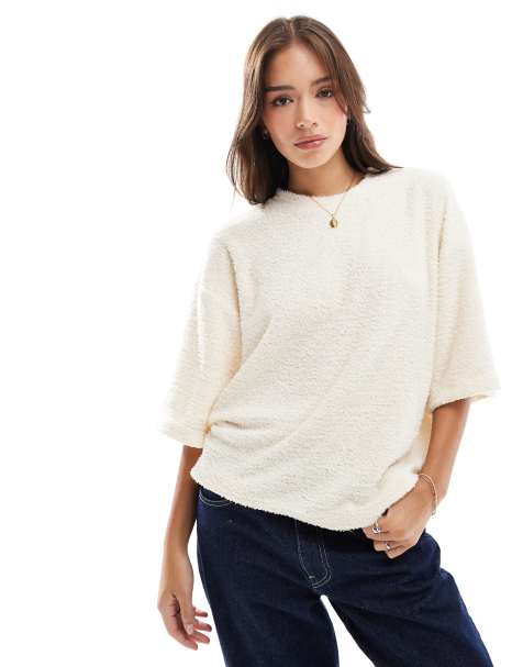 ASOS DESIGN boucle oversized t-shirt in cream - view 1