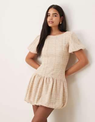 Asos Design Boucle Puffball Mini Dress In Neutral