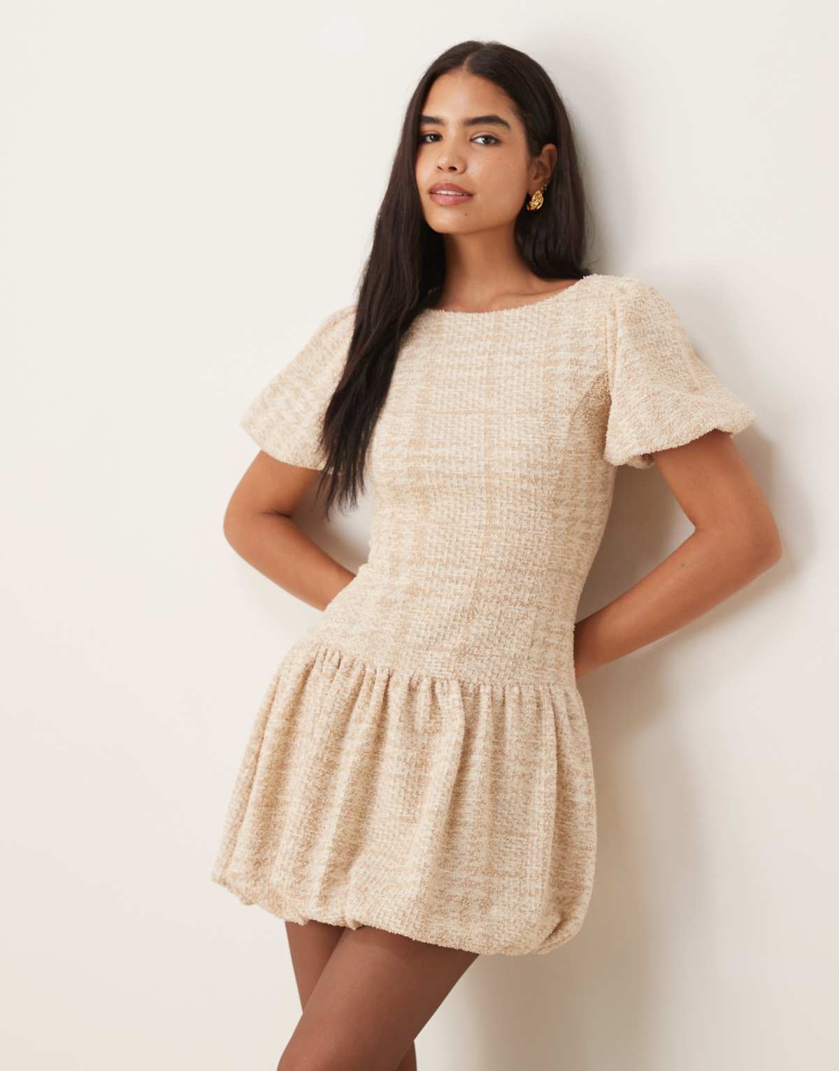 ASOS DESIGN boucle puffball mini dress in stone
