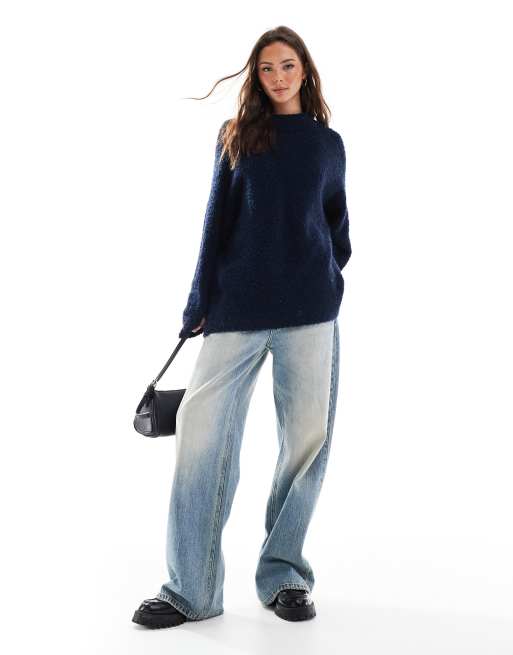 ASOS DESIGN crew neck oversized boucle jumper in navy
