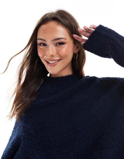 ASOS DESIGN crew neck oversized boucle jumper in navy