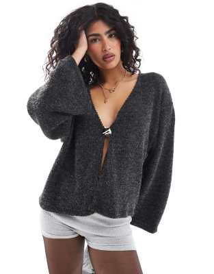 Asos Design Boucle Rib Cardigan In Charcoal Gray