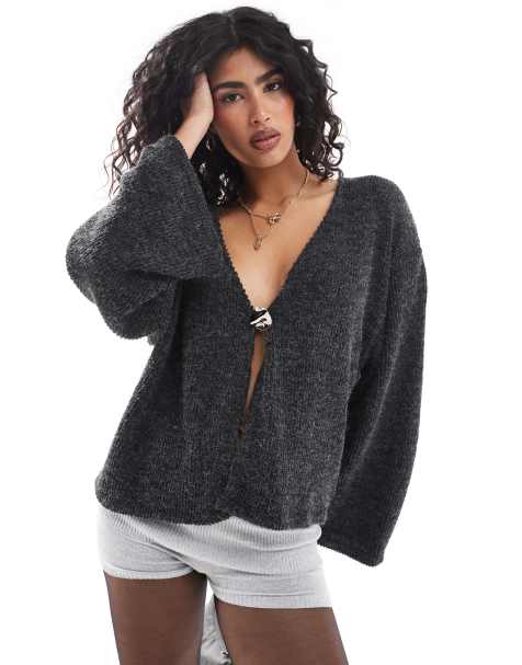 ASOS DESIGN boucle rib cardigan in charcoal gray - view 1