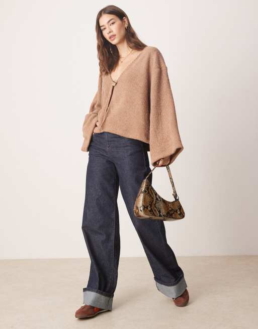 ASOS DESIGN boucle rib cardigan with gold detail button in cocoa, 2 of 4