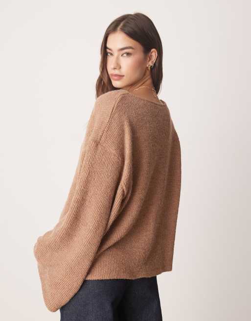 ASOS DESIGN boucle rib cardigan with gold detail button in cocoa, 4 of 4