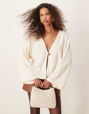 Asos Design Boucle Rib Cardigan With Gold Detail Button In Cream-white
