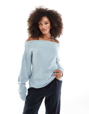 boucle rib off shoulder sweat in blue-White