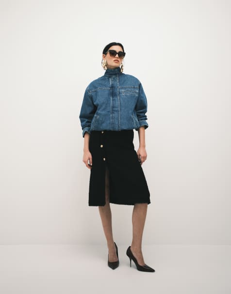 ASOS DESIGN – Bouclé-Rock in Schwarz in ungewöhnlicher Länge mit niedrigem Bund - view 1