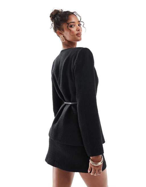 ASOS DESIGN boucle scoop neck belted blazer in black ASOS