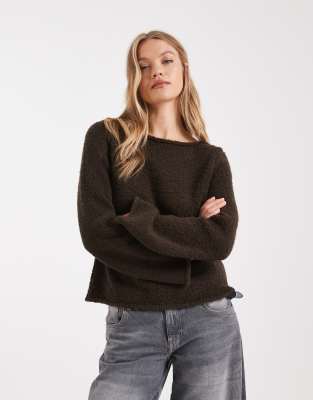 ASOS DESIGN boucle slash neck top in chocolate-White