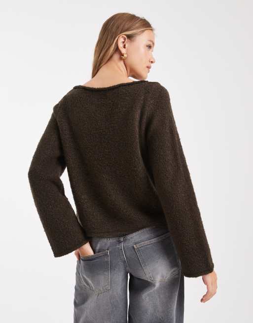 ASOS DESIGN boucle slash neck top in chocolate, 2 of 4