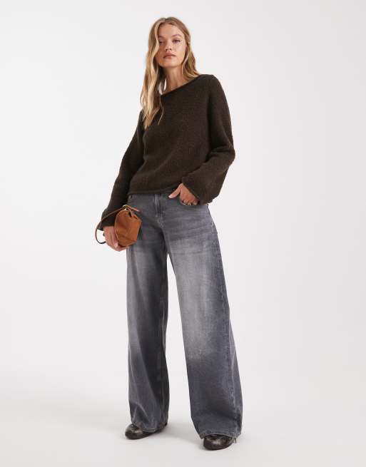 ASOS DESIGN boucle slash neck top in chocolate, 3 of 4