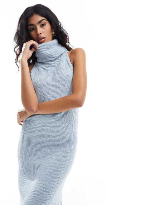blue boucle dress Blue Boucle Strapless 3D Floral Midi Dress