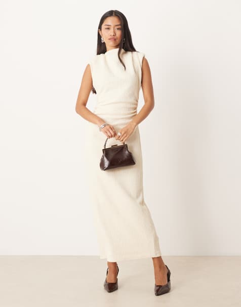 ASOS DESIGN boucle sleeveless shoulder pad ruched midi dress in neutral - view 1