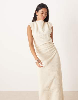 Asos Design Bouclé Sleeveless Shoulder Pads Ruched Midi Dress In Neutral