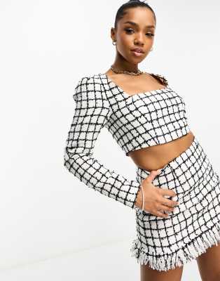 Asos Design Boucle Mini Skirt With Fringe Detail In Mono Check - Part Of A Set-multi In Multi
