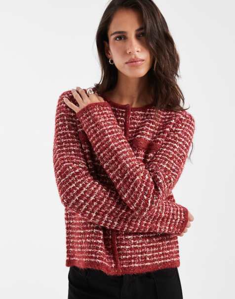 ASOS DESIGN boucle textured knit crew neck cardigan in red - view 1