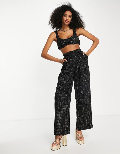 ASOS DESIGN boucle bralette and wide leg pants set in black