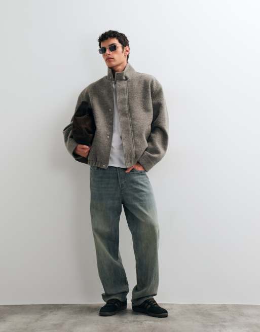 ASOS DESIGN boucle wool mix funnel neck bomber in gray, 3 of 5