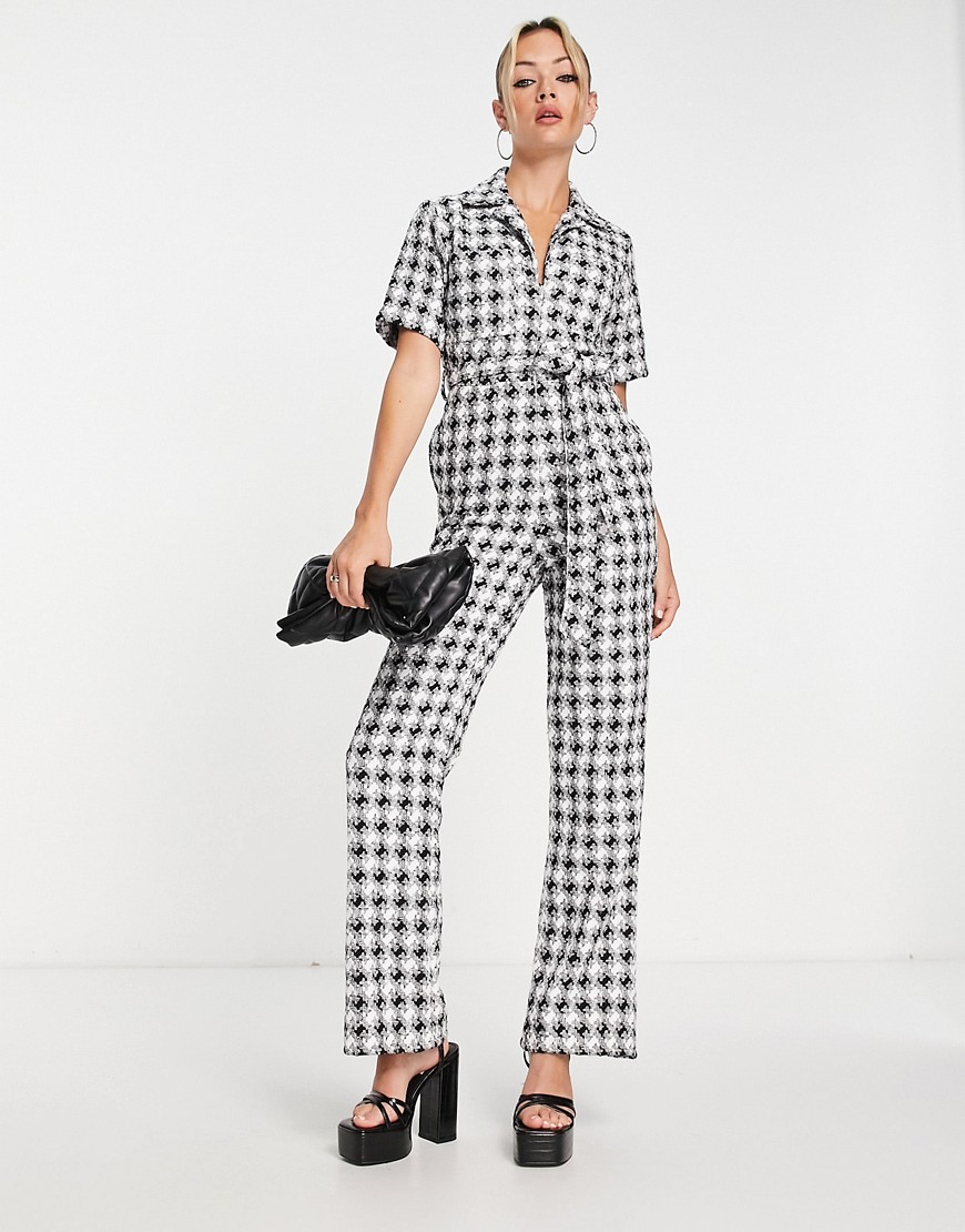 ASOS DESIGN boucle zip front tailored collar jumpsuit in mono check-Multi