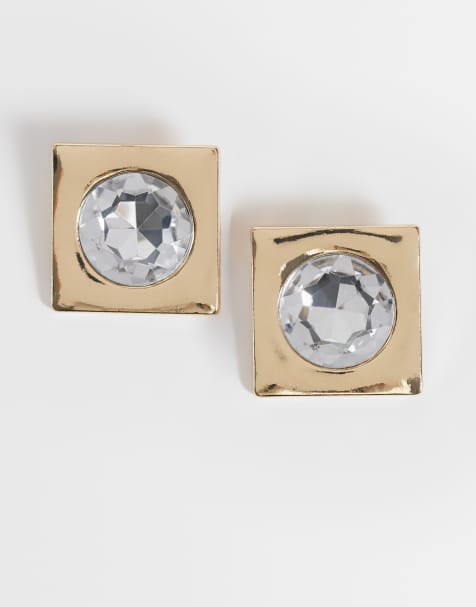 ASOS DESIGN boucles d'oreilles à clous avec motif carré en cristal finition dorée - view 1