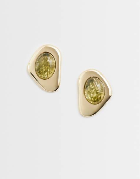 ASOS DESIGN boucles d'oreilles à clous effet fondu avec pierre verte finition dorée - view 1