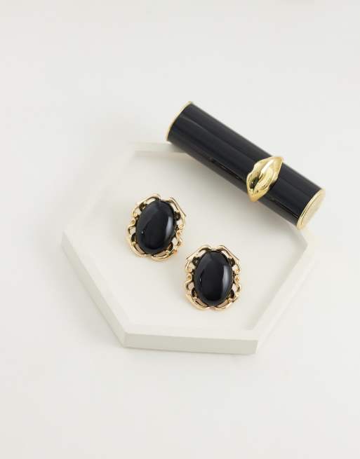 ASOS DESIGN - Boucles d'oreilles à pierre noire sertie - Doré, 3 de 5