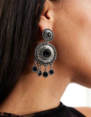 Boucles D'oreilles Pendantes En Métal Argenté Vieilli Avec Pierre Noire Centrale - Occasion En Bon état