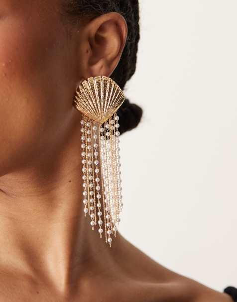 ASOS DESIGN - Boucles d'oreilles avec coquillage oversize et pendants ornés de perles fantaisie - Doré - view 1