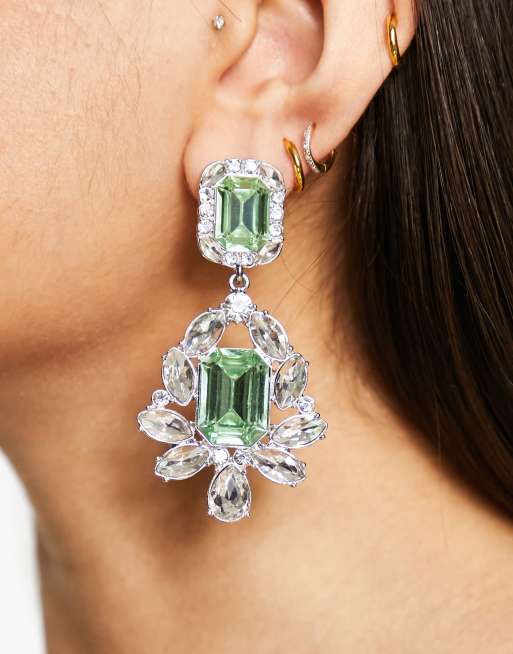 ASOS DESIGN - Boucles d'oreilles avec double pendant en cristal vert - Argenté, 2 de 4