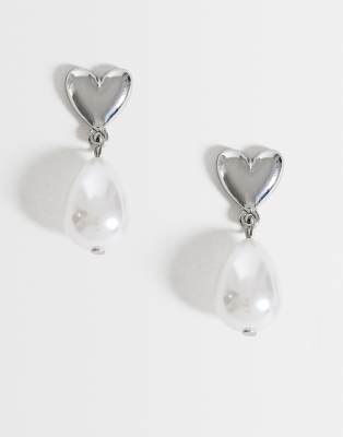 Boucles d'oreilles avec petit caur et pendant perle fantaisie - Argenté