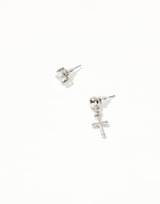 ASOS DESIGN - Boucles d'oreilles avec strass et breloque croix - Argenté