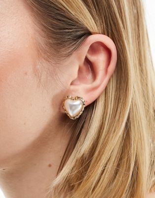 ASOS DESIGN stud earrings with faux pearl heart design in gold tone - ASOS Price Checker