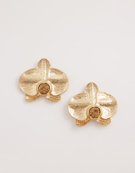 ASOS DESIGN - Boucles d'oreilles orchidées serties d'ambres - Doré - view 1